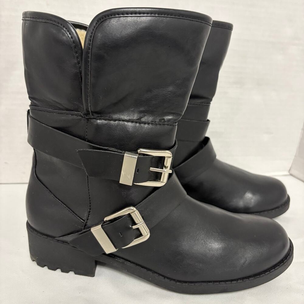 Revel Womens 11 Black Moto Boots Double Buckle Sherpa Lined Chunky Y2K
